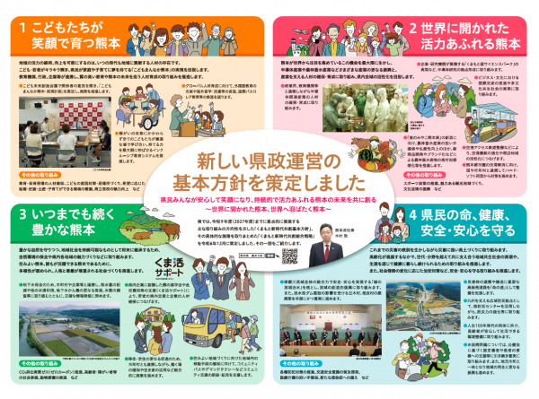 熊本県広報紙「県からのたより」2024年冬号の中面です。特集は「新しい県政運営の基本方針を策定しました」です。