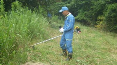 慰霊碑周辺の除草作業をしている職員の様子